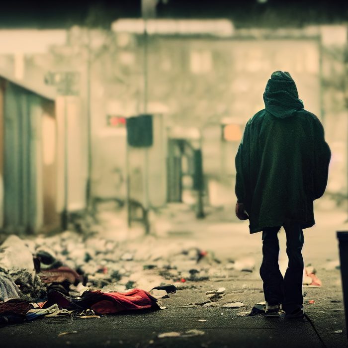 a homeless man is standing in the middle of a street littered with garbage urban poverty and